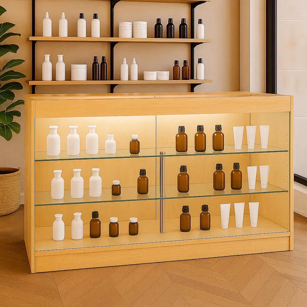 Monstershop K1500 LED Retail Shop Counter in Maple and Beige with Glass Doors and Integrated Lighting – 3
