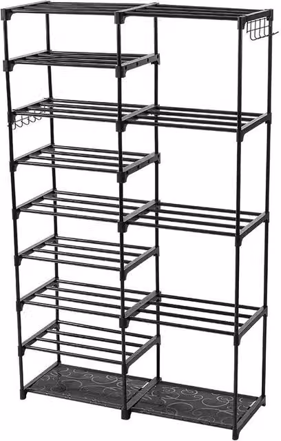 VOGREX 9-Tier Black Metal Shoe Rack with Side Hooks