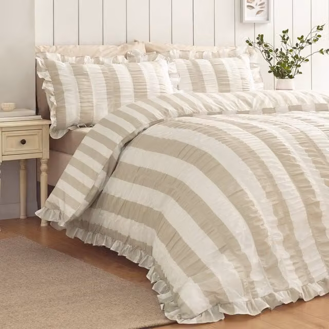 Catherine Lansfield Seersucker Frill Striped Duvet Cover Bedding Set in Beige