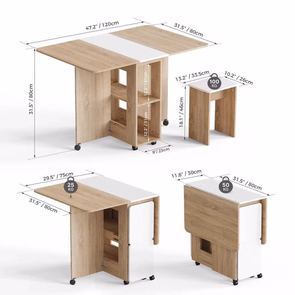 KORVIXA Scandinavian Oak and White Drop Leaf Dining Table and Chairs Set – 2