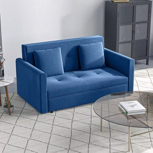 HOMCOM Blue 2 Seater Convertible Sofa Bed with Hidden Storage and Scatter Cushions
