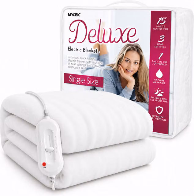 Mylek Single Electric Heated Mattress Cover Underblanket with Elasticated Skirt, White, W/D/H: 90 x 200 cm