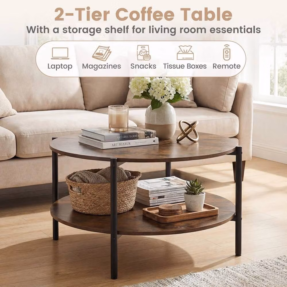 KORVIXA Modern Round Coffee Table with Brown Matt Metal Frame, Diameter: 100 cm, Height: 47 cm – 4