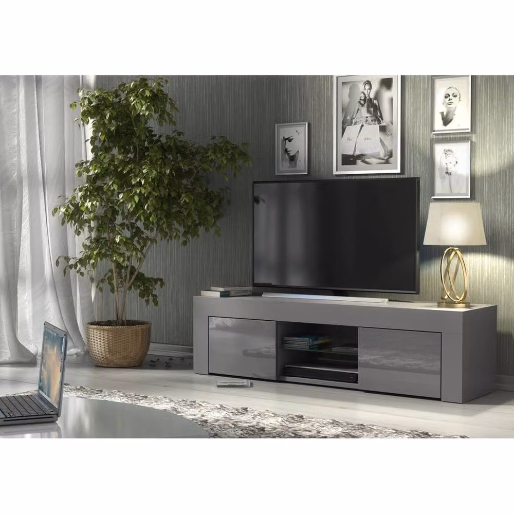 FORGEVIO Modern Grey High Gloss TV Stand Sideboard Cabinet with Media Compartments – 3