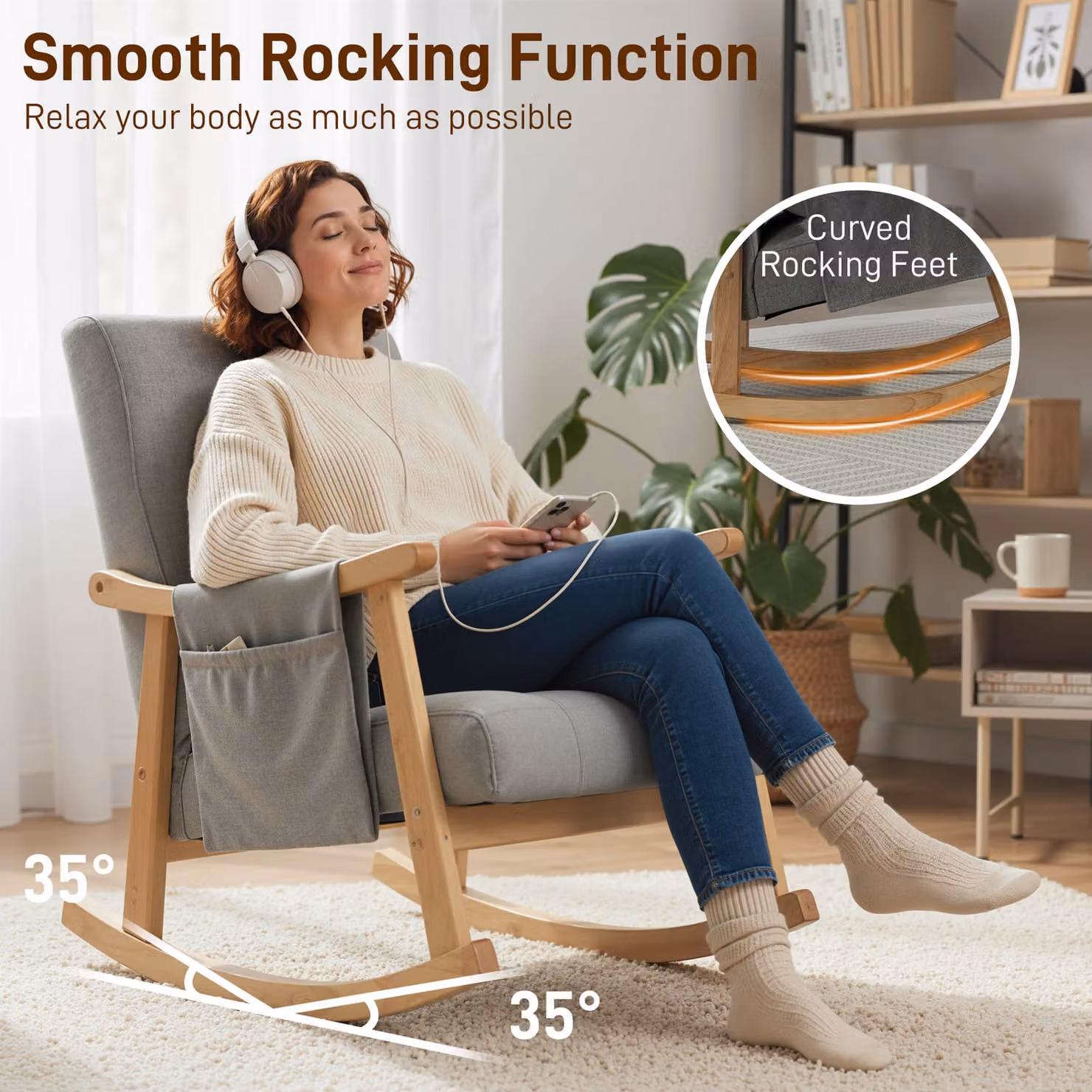 HOMCOM Scandinavian Style Rocking Accent Chair with Solid Rubberwood Frame and Fabric Upholstery in Grey – 3