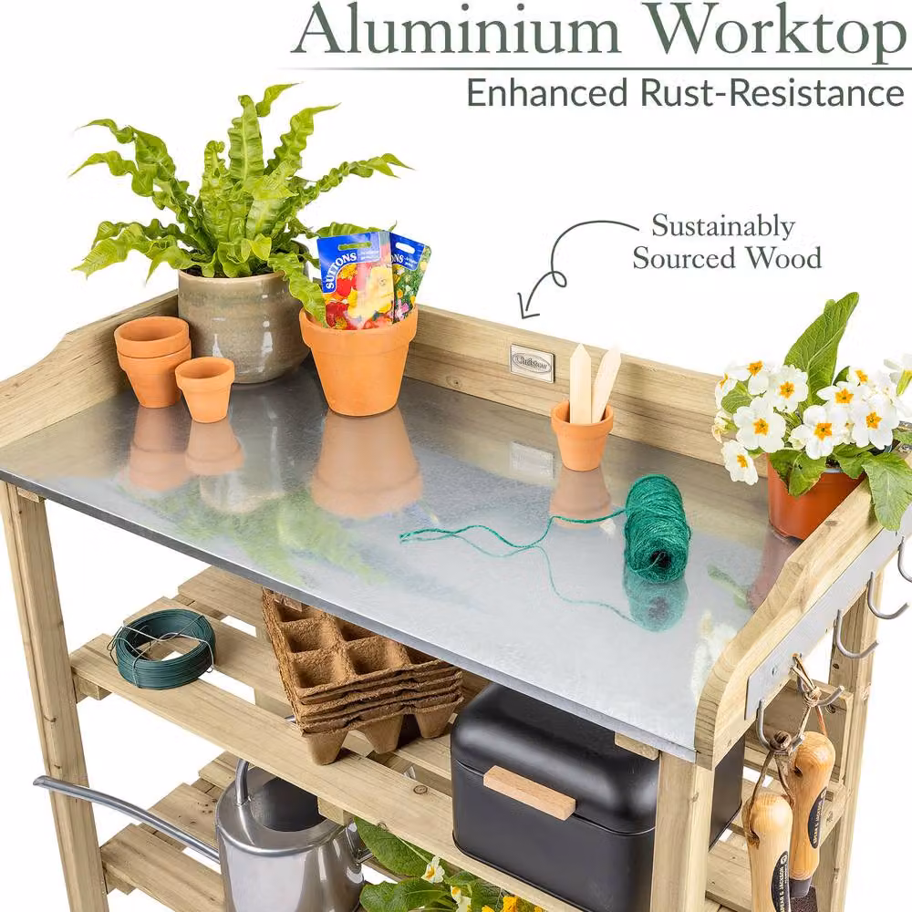 Christow Natural Wooden and Metal Garden Potting Table with Shelves and Hooks – 4