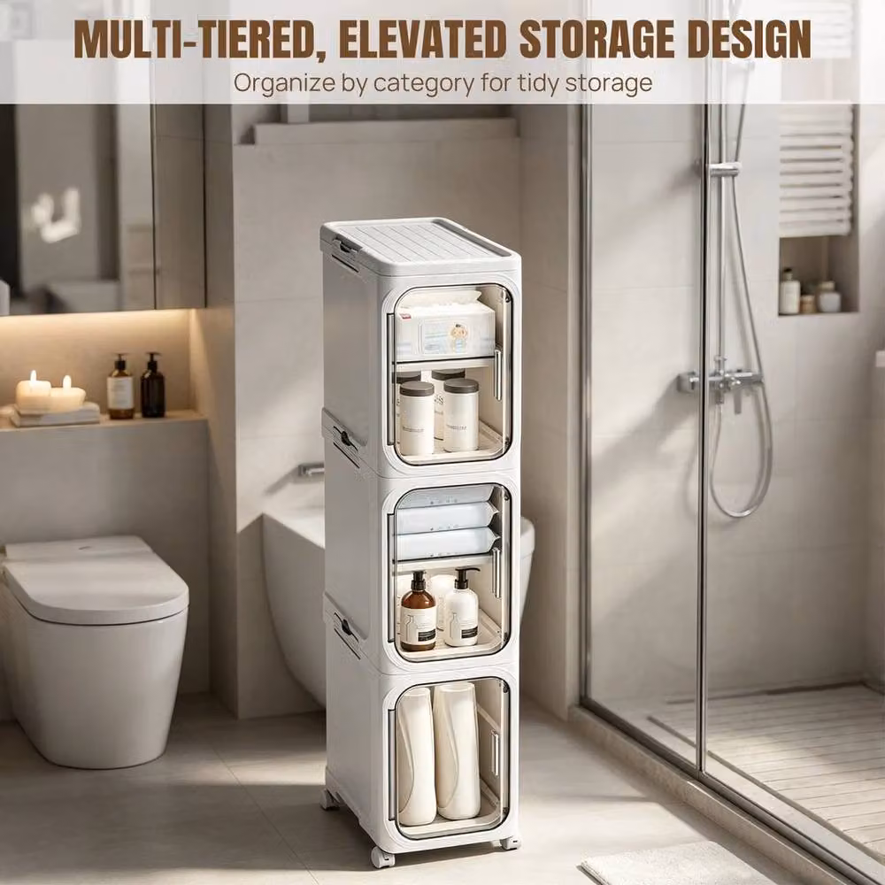 Kelvenix Modern White Tall Narrow Cabinet with Glass Doors, H 97 x W 34 x D 21 cm – 4