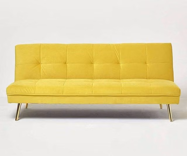 Homescapes Laurie Yellow Velvet Click Clack Single Sofa Bed with Metal Frame