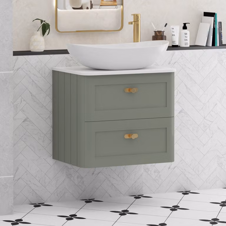 Royal Bathrooms Henley 600mm Wall Hung Vanity Unit in Sage Green with 2 Drawers, Plain White Worktop, Cesar Basin and Brushed Brass Knob