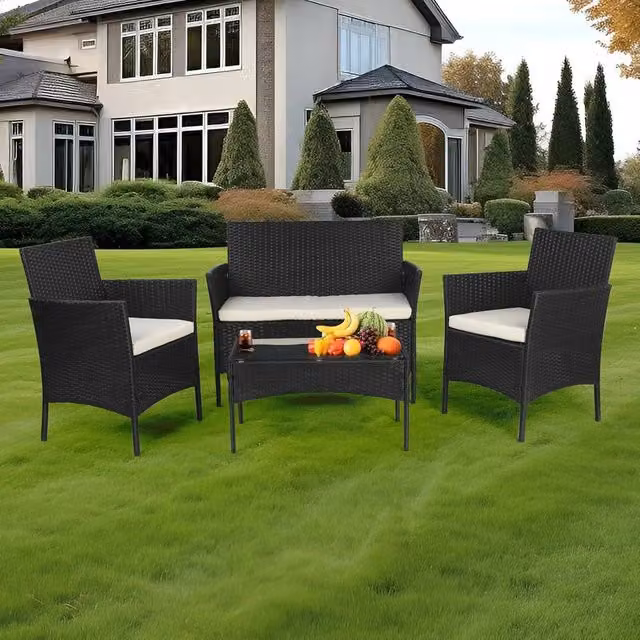 Lishetimig 4-Piece Rattan Garden Furniture Set with Cushions and Glass Coffee Table in Black and Brown – 1