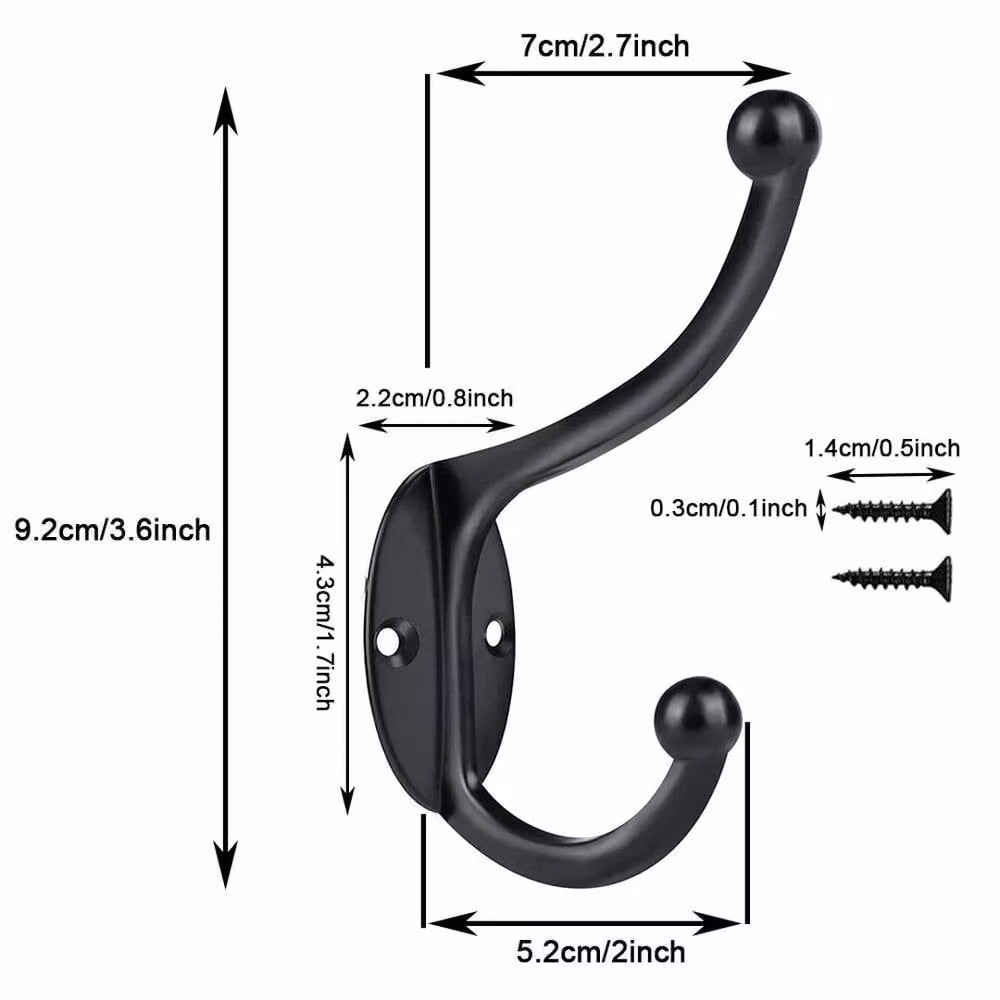 FORGEVIO 10-Piece Metal Double Hat and Coat Hooks in Black, Wall Mounted, 500mm – 2