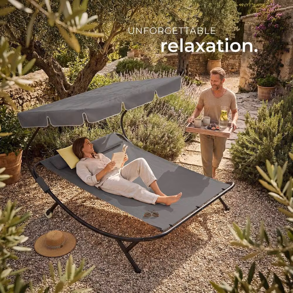 tectake Livorno 2 Seater Sun Lounger with Sun Canopy in Grey and Multicolour – 6