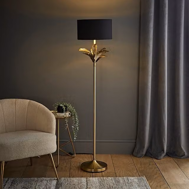 ValueLights Christina Palm Leaf Floor Lamp with Fabric and Metal Cylinder Shade and LED Bulb in Black and Gold/Brass