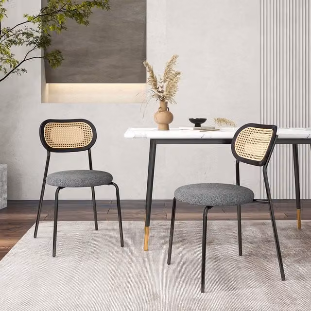Costway Set of 2 Modern Black Fabric and Rattan Dining Chairs with Metal Frame