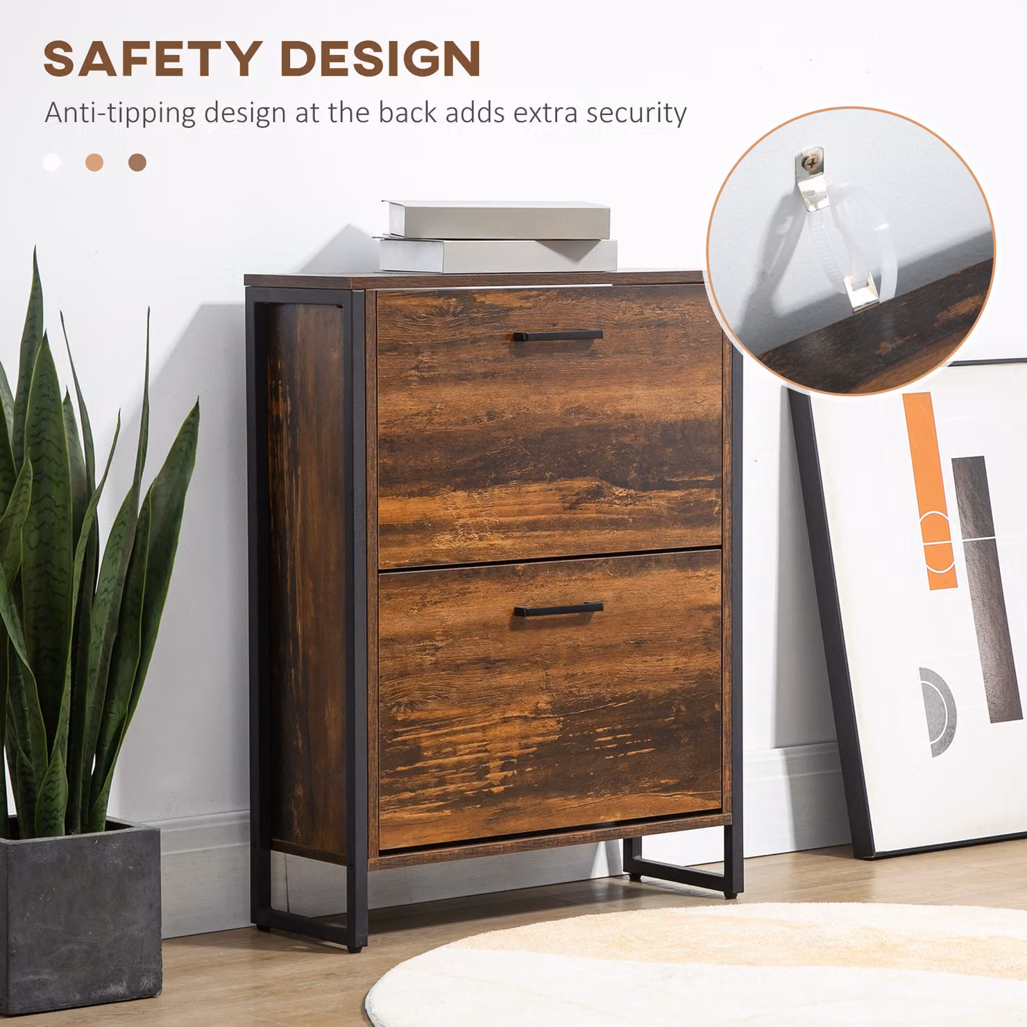 HOMCOM Industrial Slim Shoe Cabinet in Brown with 2 Tilting Drawers for 12 Pairs of Shoes – 5