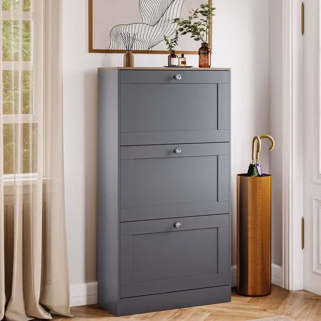 Vida Designs Modern 3 Drawer Shoe Cabinet in White, Grey and Oak, W/D/H: 58 x 24 x 117 cm