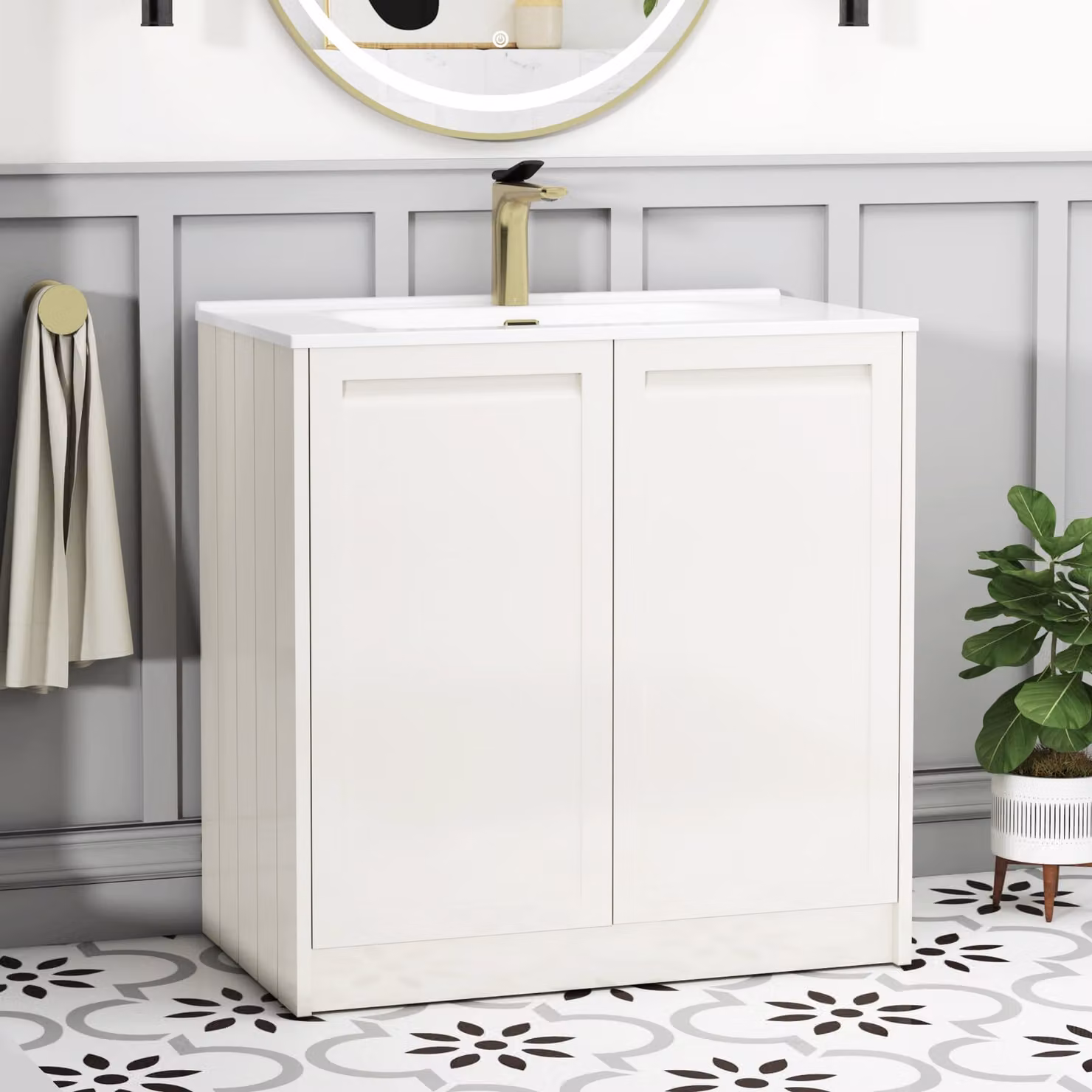 Royal Bathrooms Elmore Traditional Floor Standing 2 Door Vanity Unit with Ceramic Basin, Classic White