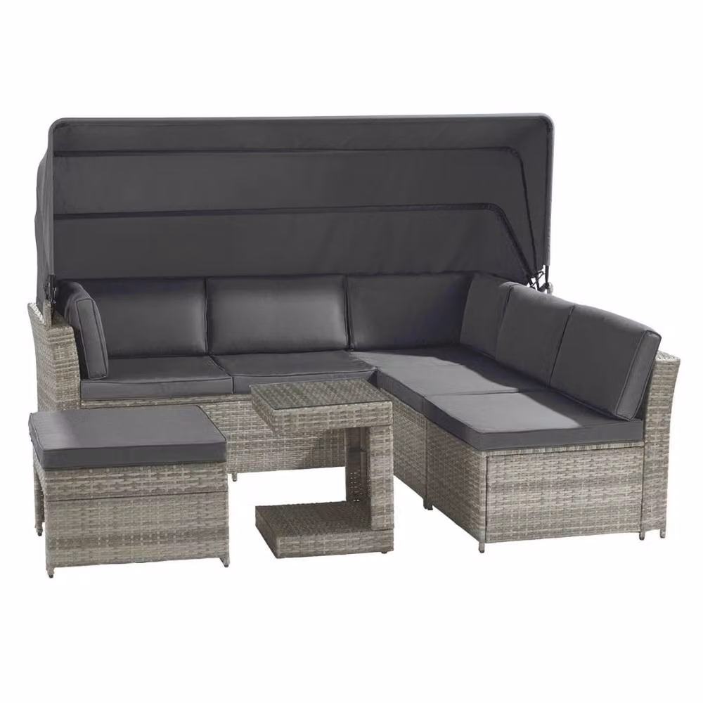 NESTLUNE Grey Polyrattan Garden Daybed with Sun Canopy – 2