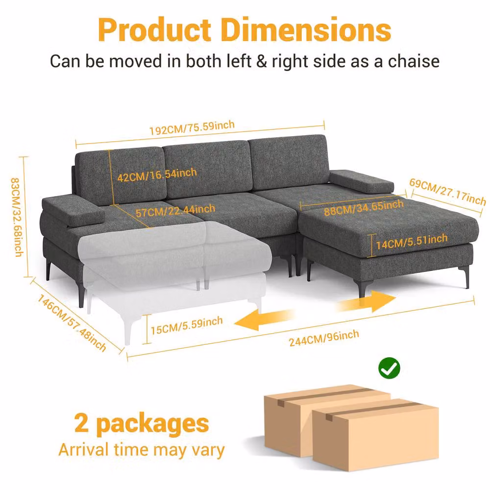 Dprodo 4 Seater L-Shape Corner Sofa Set in Dark Grey Chenille Fabric – 2