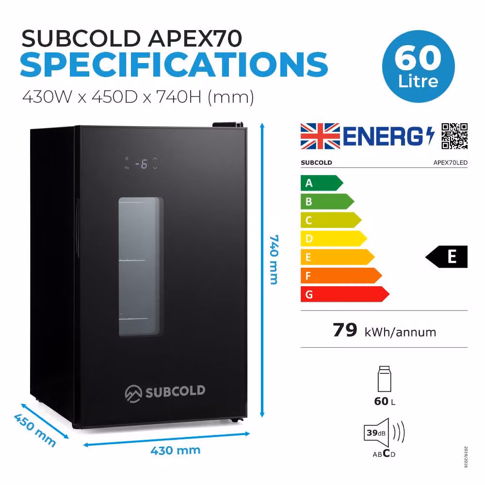 Subcold Apex70 SUB-ZERO Beer Fridge in Black with Compressor and Glass Door, Freestanding, W/D/H: 43 x 60 x 74 cm – 5