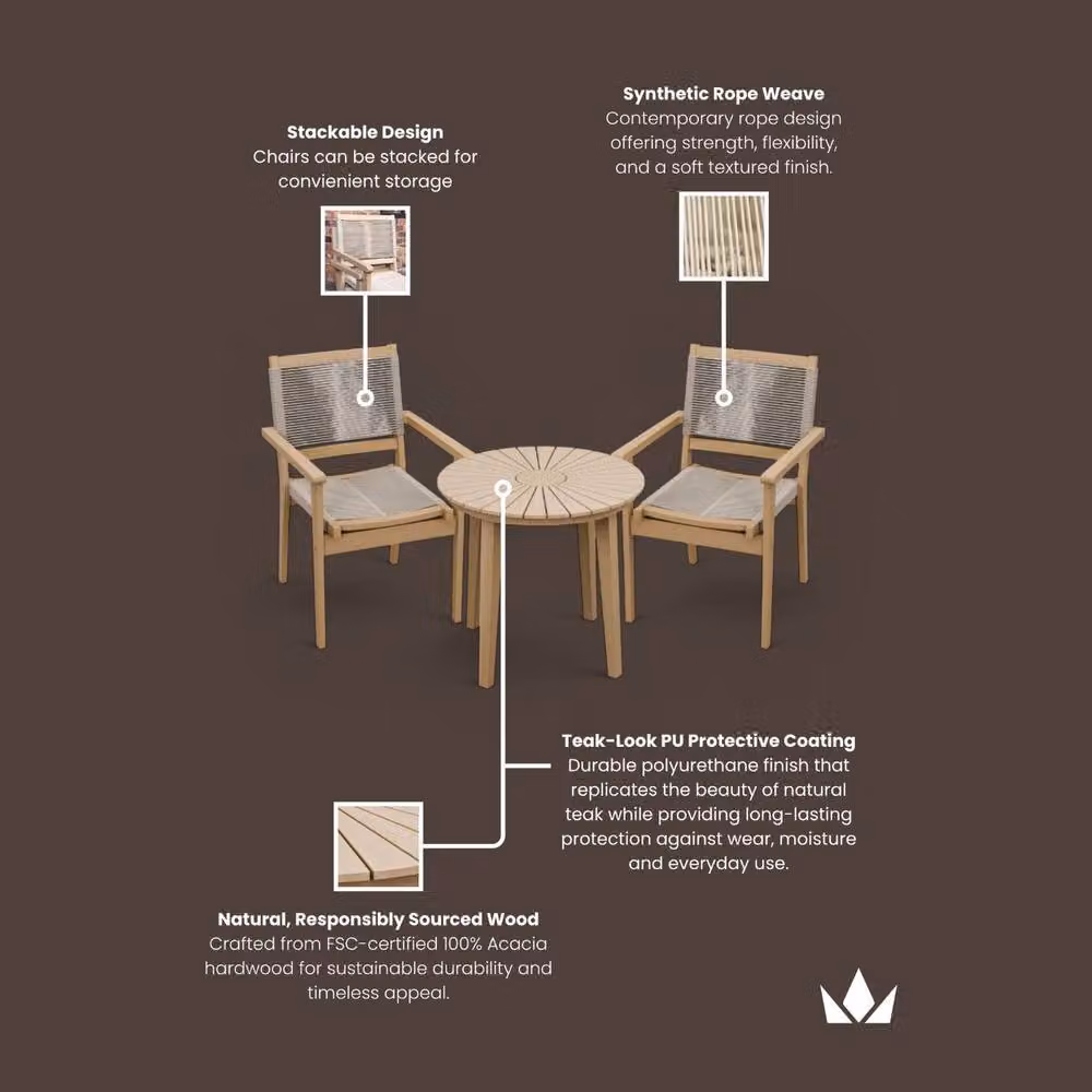 Royalcraft ROMA Bistro Set with Rope Stacking Chairs in Natural Brown, Sand and Beige – 3
