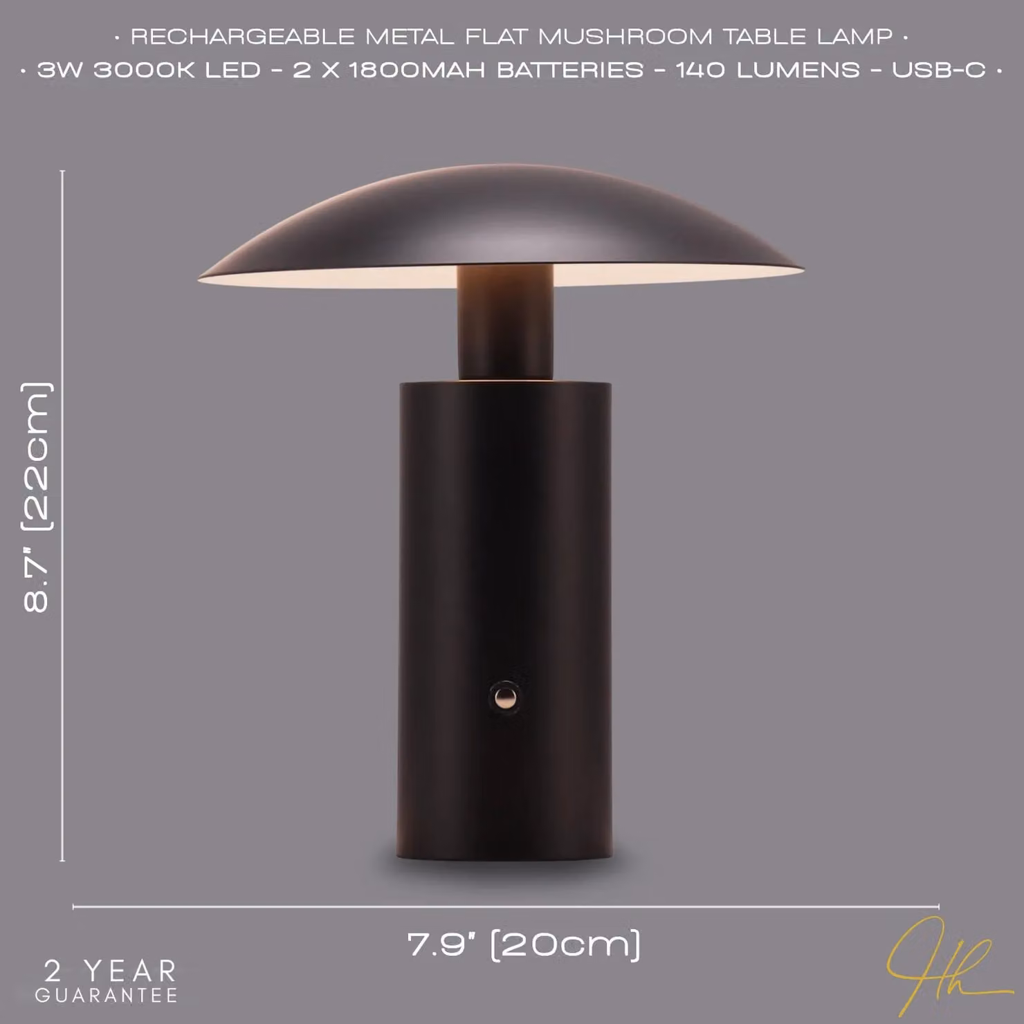 Happy Homewares Designer Flat Cone Mushroom Rechargeable and Dimmable LED Table Lamp in Matte Black – 3