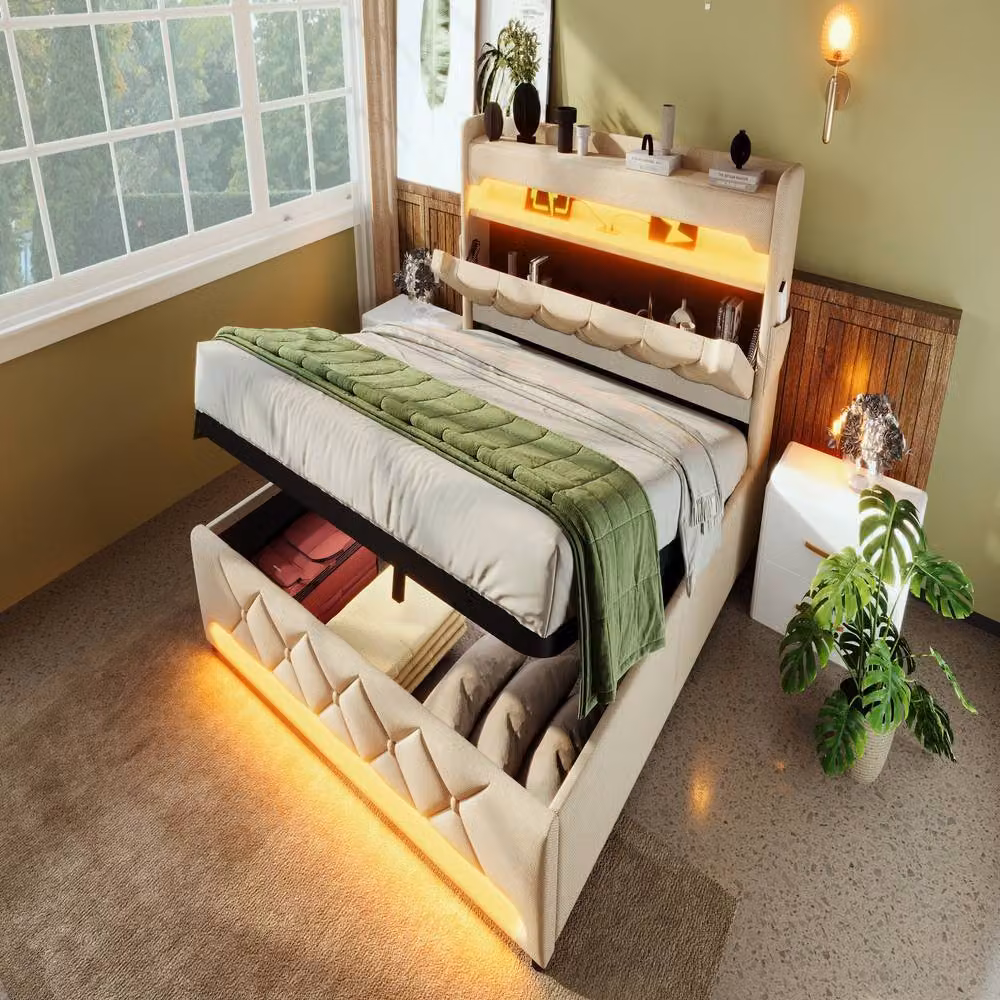 Rolipo King Size Ottoman Bed in Beige Linen with LED Under-Bed Lighting and USB Charging Ports, W/D/H: 180 x 200 cm – 5