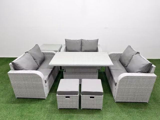 Fimous 8 Seater PE Wicker Rattan Garden Furniture Set in Light Grey with Adjustable Lifting Dining or Coffee Table, 2 Seater Love Sofa and 2 Stools