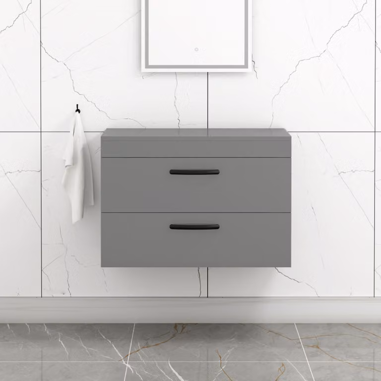 Royal Bathrooms 800mm Wall Hung Vanity Unit with 2 Drawers in Grey Gloss and Matt Black Handles