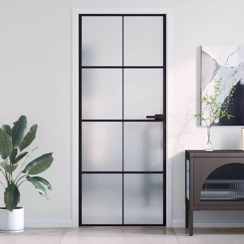 Berkfield Modern Slim Interior Door in Black with Tempered Glass and Aluminium, W: 83 cm, H: 201.5 cm – 2