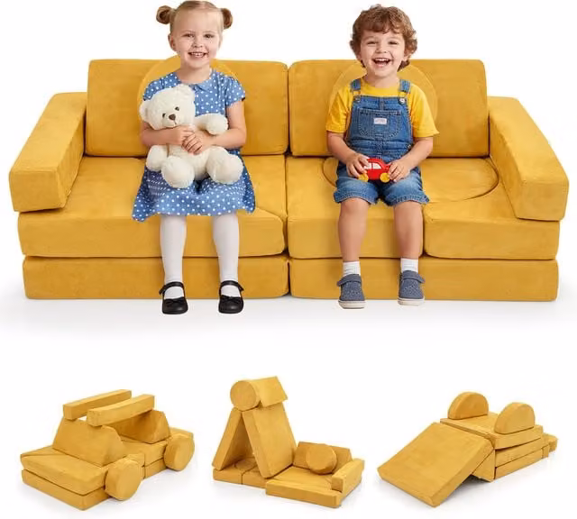 Costway 14 Piece Modular Kids Play Couch Sectional Sofa in Yellow