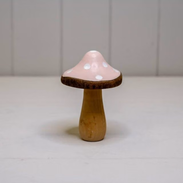 KDMD Pink Wooden Mushroom Tabletop Decoration with Dotted Pattern