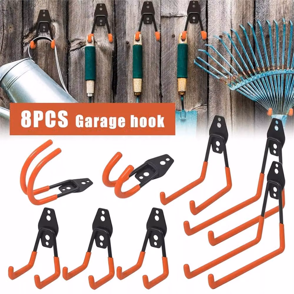 Nordara 8 Pack Heavy Duty Orange PVC Coated Iron Garage Wall Mount Utility Hooks – 2