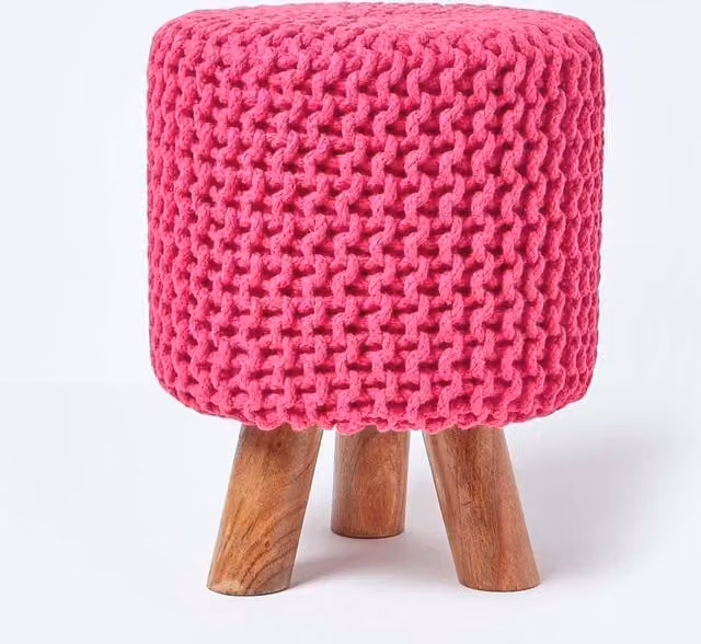 Homescapes Tall Pink Cotton Knitted Footstool with Wood Frame – 1