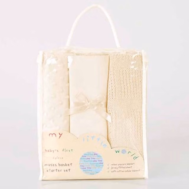 My Little World Moses Basket 3-Piece Starter Set in Cream with 2 Sheets and 1 Blanket
