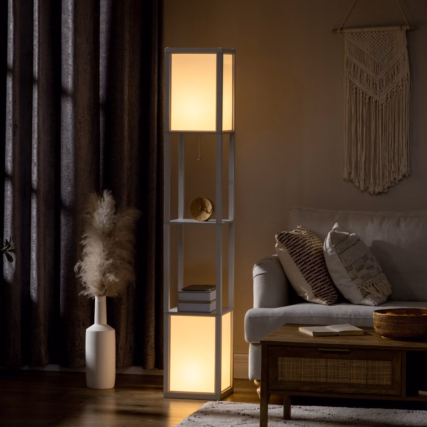 HOMCOM Modern Floor Lamp with Shelves and Dual Ambient Light in White – 2