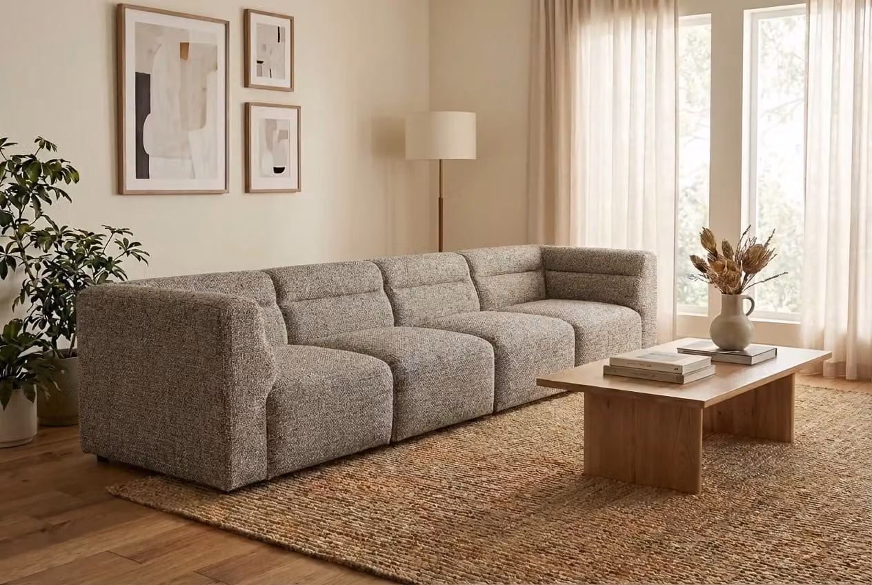 Araco Atelier Atlas 3 Seater Upholstered Sofa in Beige and Grey Abstract Fabric