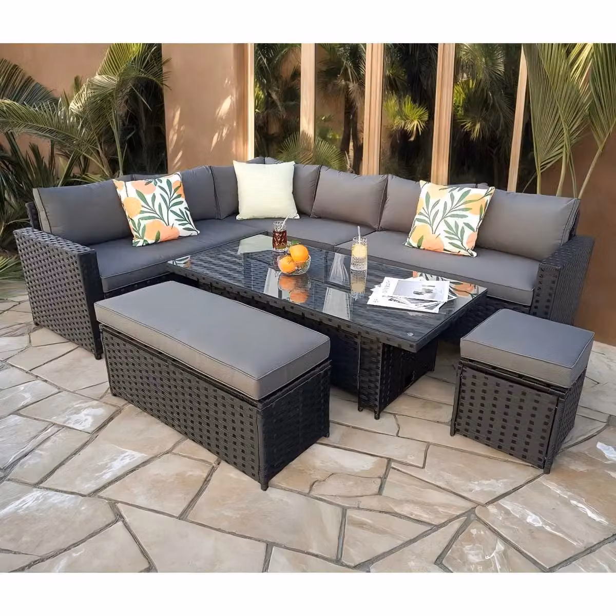 Furniture Maxi Barcelona 9 Seater Black Rattan Garden Dining Set with Height Adjustable Rising Table – 1