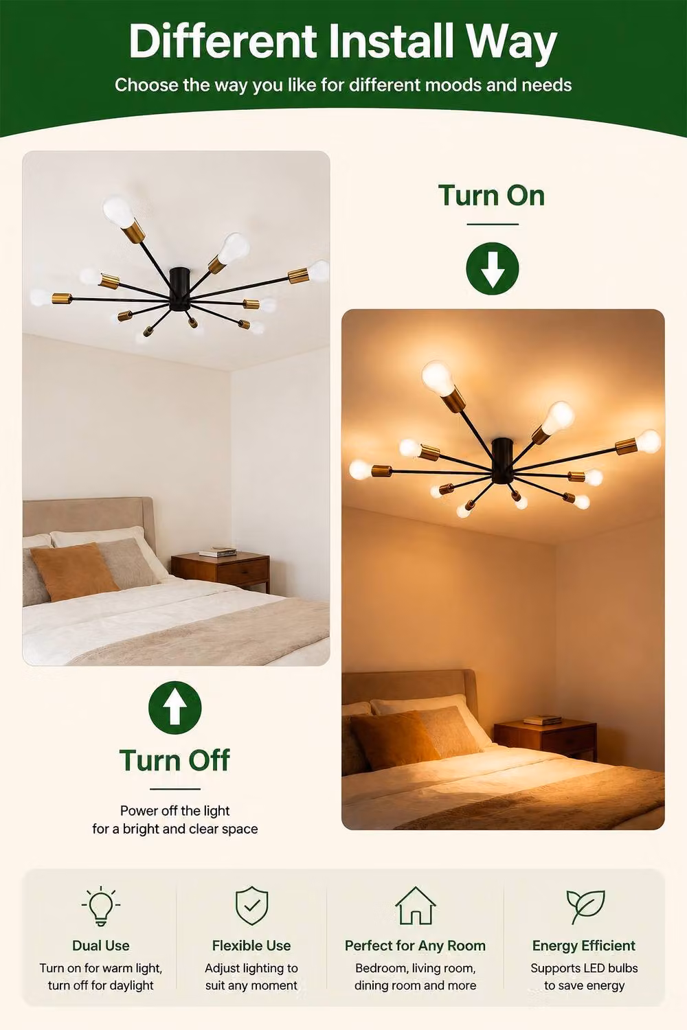 INMTFEI 10-Light Sputnik Ceiling Light in Black and Gold Metal with E26 Flush Mount – 5