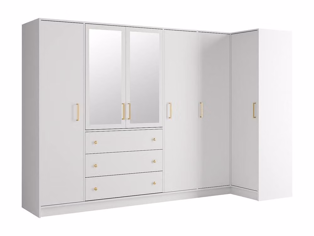 Vente-unique Modern White Corner Wardrobe with 6 Mirrored Doors and 3 Internal Drawers, W: 311 cm, H: 200 cm, D: 58 cm – 2