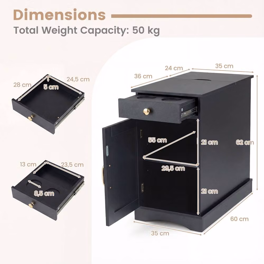 Costway Black End Table with Charging Station and Drawer – 2