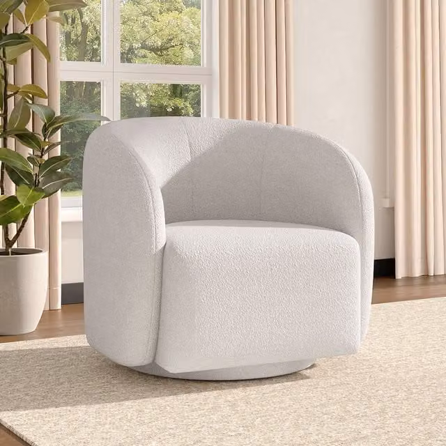 Livingandhome White Teddy Fleece Bouclé Swivel Accent Chair with Armrests