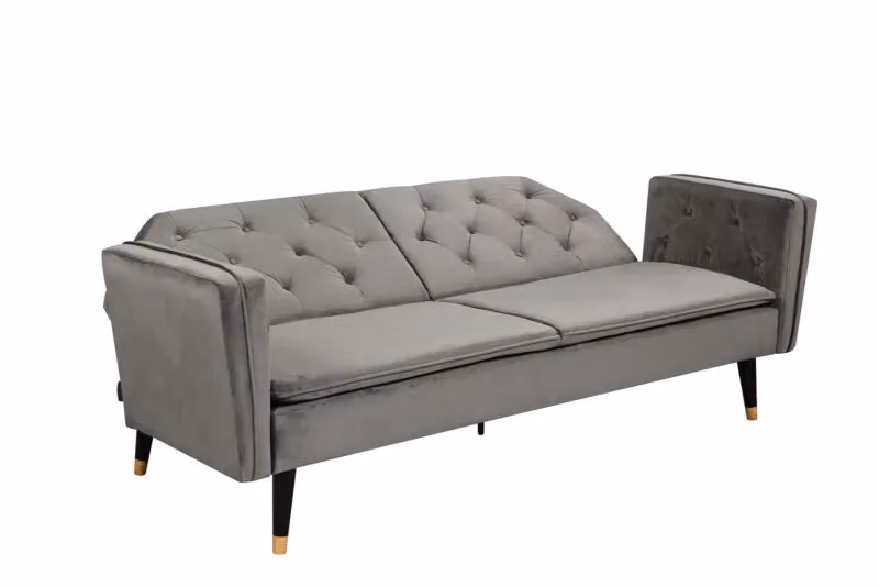Comfy Living Ltd Grey Plush Velvet Tufted Click Clack Sofa Bed with Black and Gold Metal Legs – 2