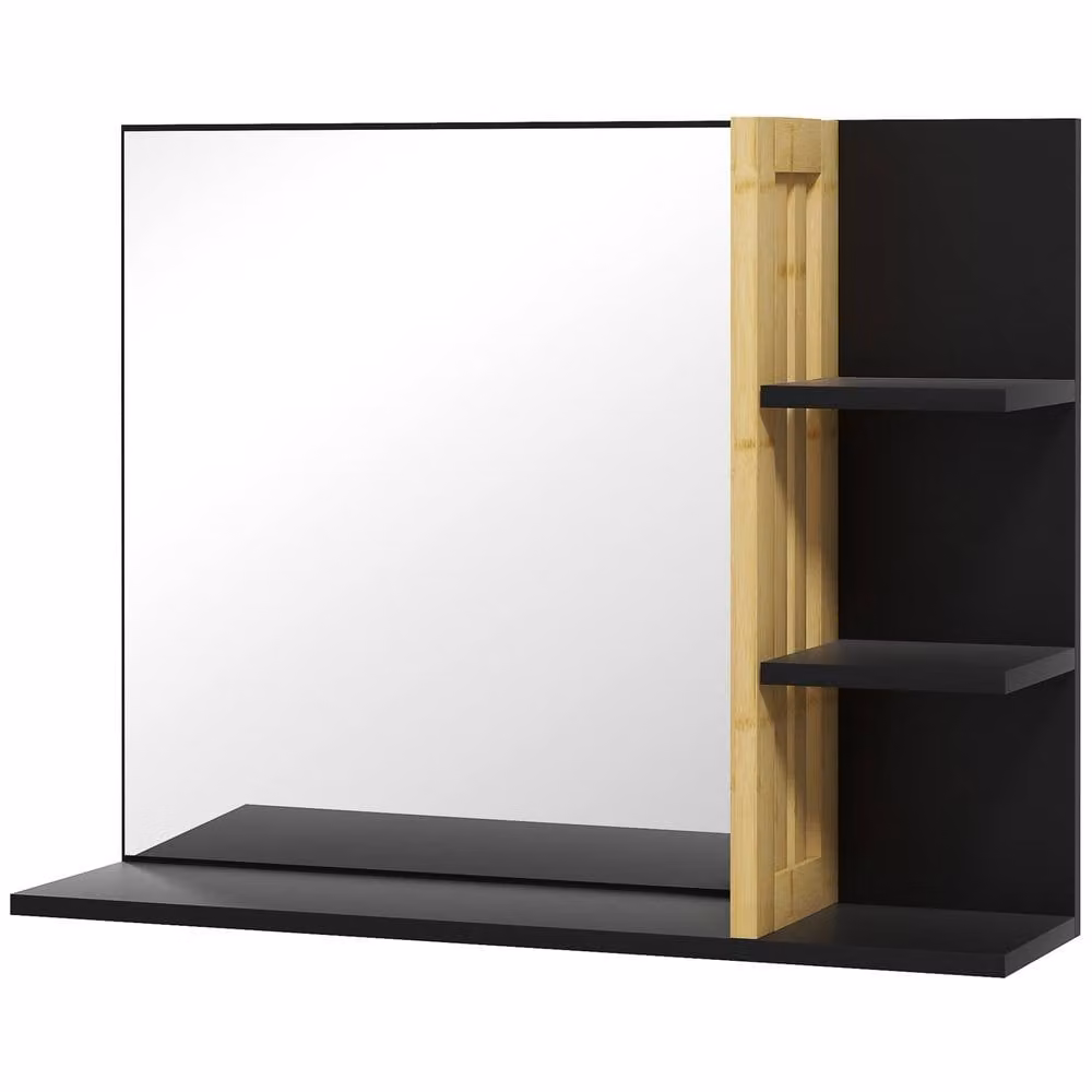 STILVORA Black Wall Mounted Bathroom Mirror with Bamboo Shelves – 3