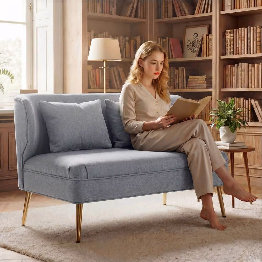 STILVORA 2 Seater Grey Fabric Wing-Back Sofa with Metal Legs and Scatter Cushions – 2