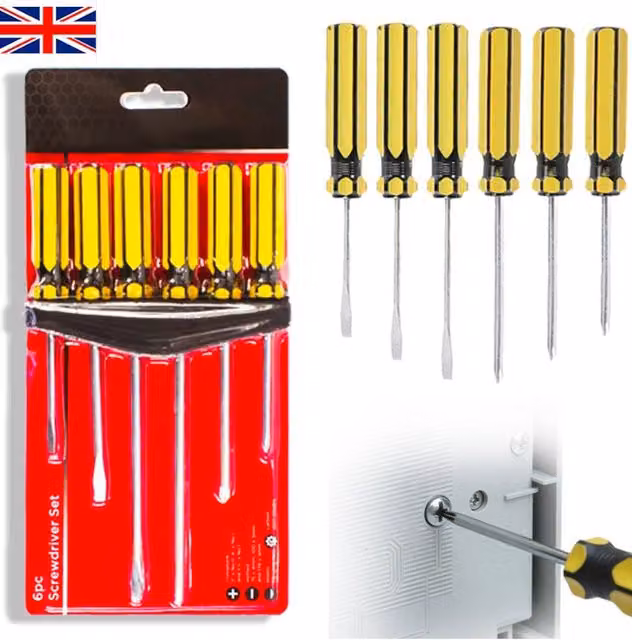 KDMD 6 Piece Phillips and Slotted Screwdriver Set with Storage Rack in Yellow – 1