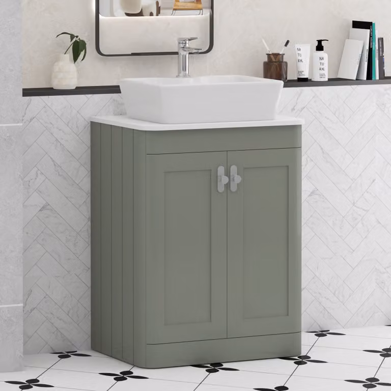 Royal Bathrooms Henley 600mm Sage Green Floor Standing 2 Door Vanity Unit with White Stone Worktop and Cube Basin