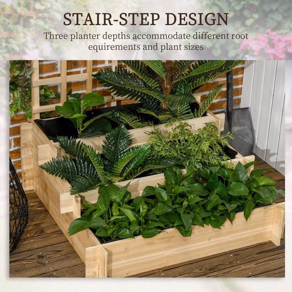 NESTLUNE 3 Tier Wooden Raised Bed Garden Planter with Trellis in Brown, W/D/H: 110 x 95 x 95 cm – 2