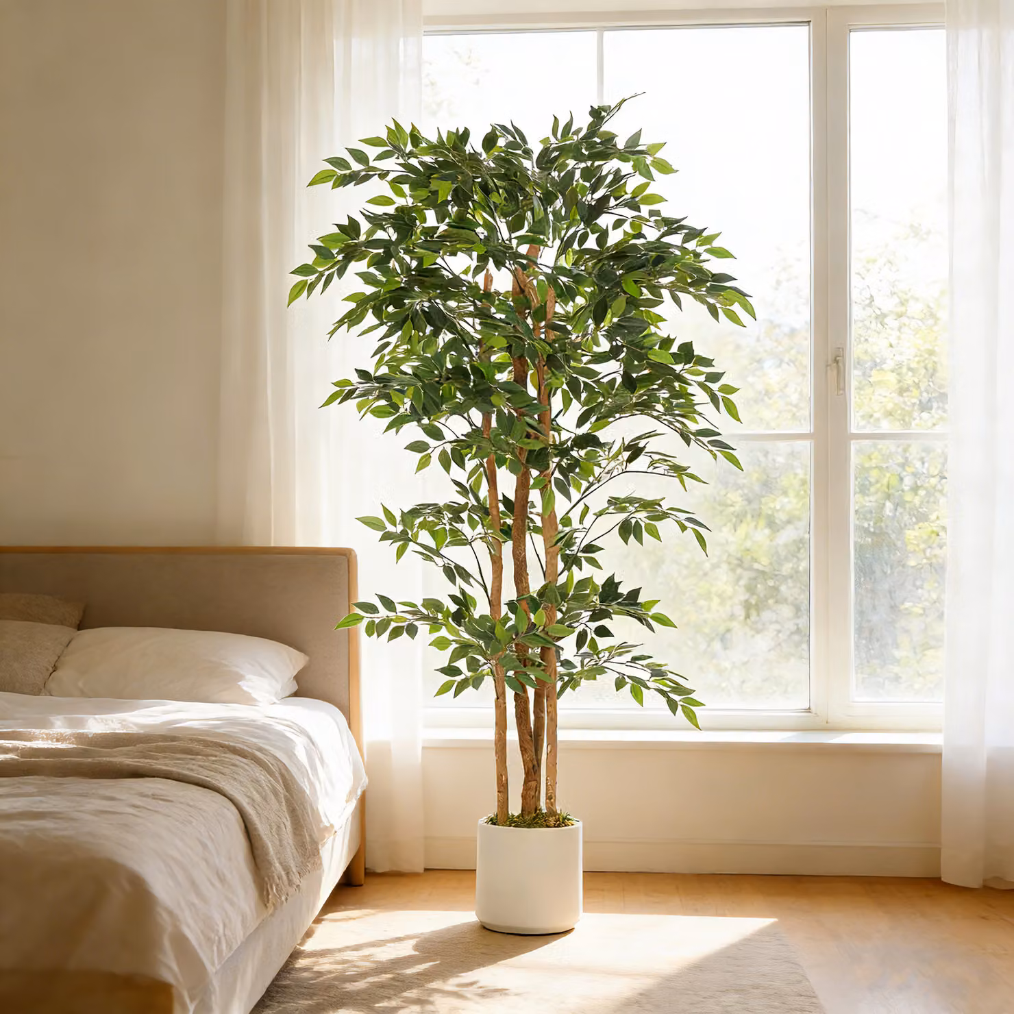 HOMCOM 180cm Artificial Ficus Tree in Green and White with Wood and Plastic Trunk and Pot – 5