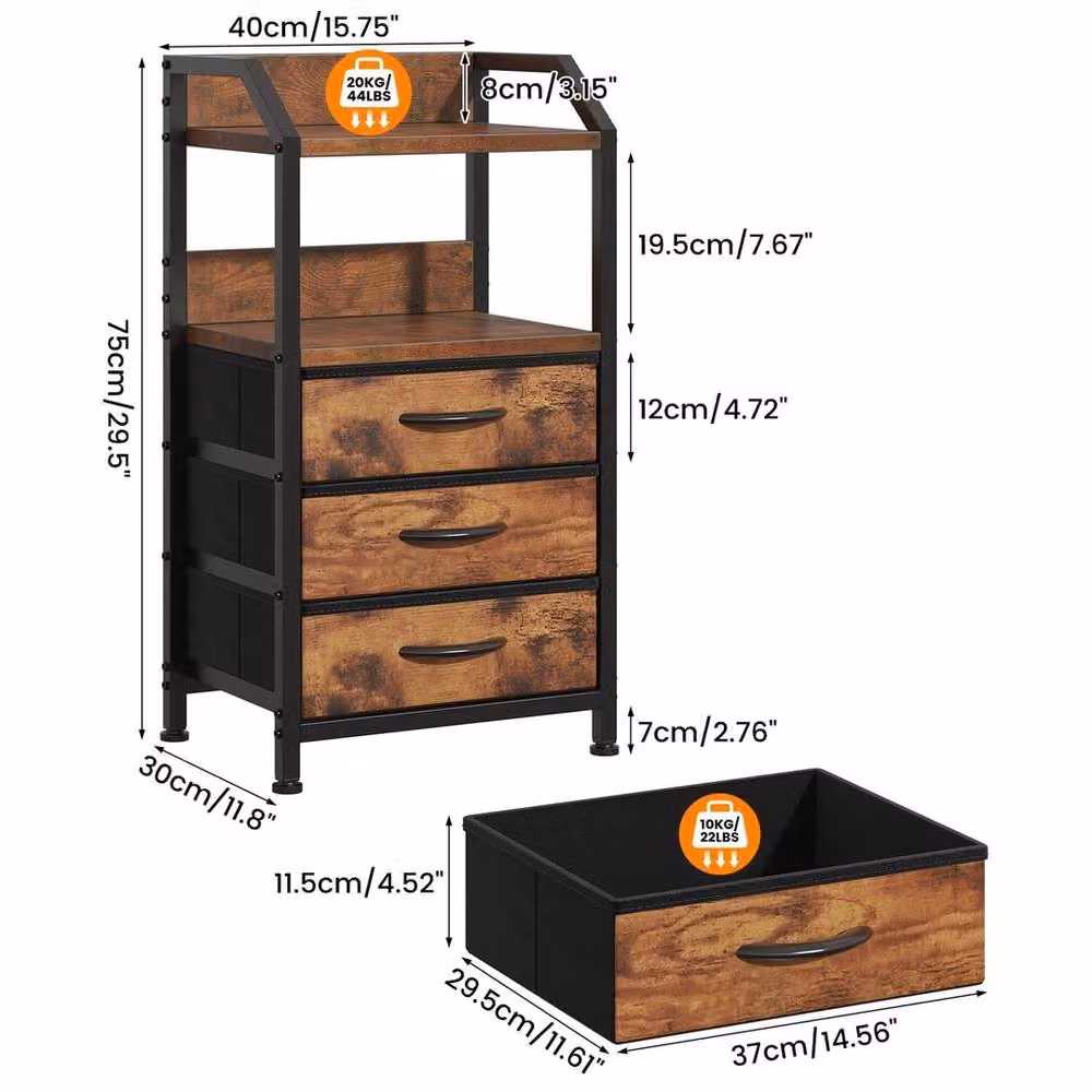 FORGEVIO Rustic Brown Bedside Table with 3 Fabric Drawers, W/D/H: 40 x 35 x 75 cm – 2